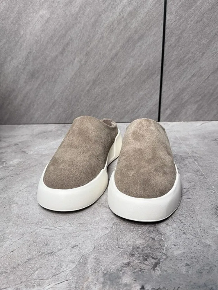 Mens Solid Comfortable Suede Genuine Leather Slippers Spring Autumn Vintage Round Toe Platform Slides Outside Men Casual Shoes