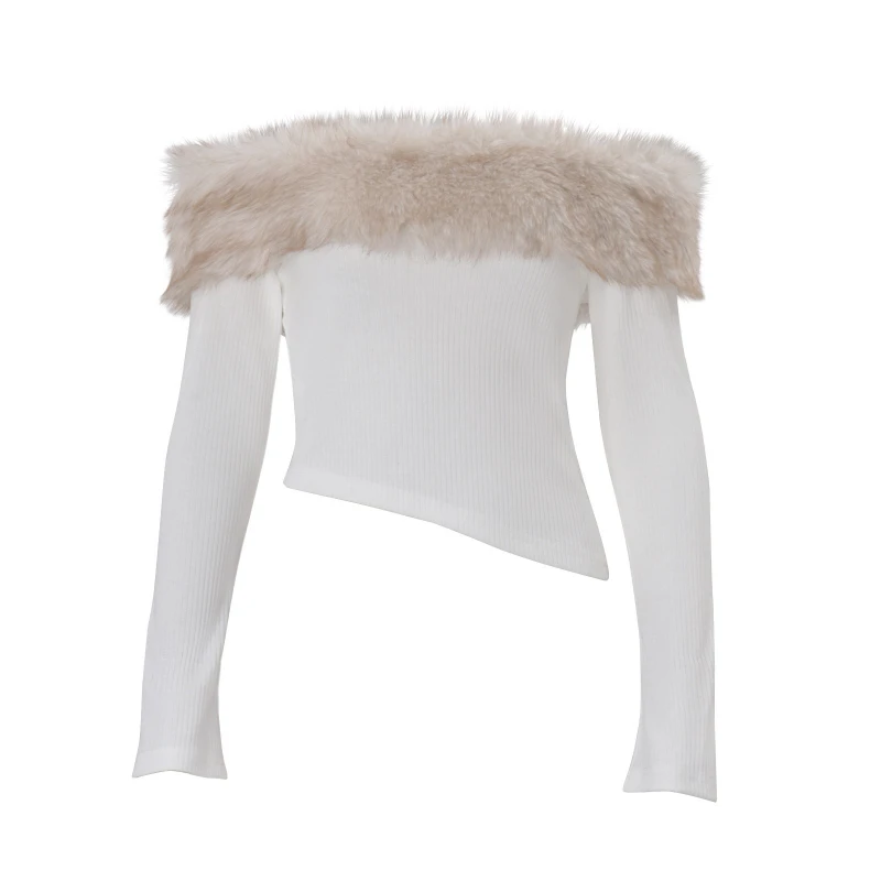 เสื้อผู้หญิงทรงเข้ารูป แขนยาว ดีไซน์ไม่สมมาตร แต่งขนเฟอร์ที่คอเสื้อ แบบเปิดไหล่ข้างเดียว สไตล์เซ็กซี่ สำหรับฤดูหนาว ปี 2025