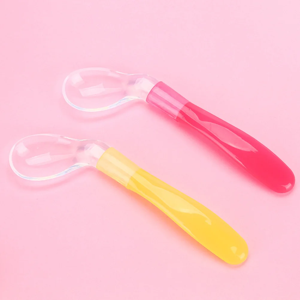 

2 pcs 2 Silicone Soft Red Yellow Infant Feeding Spoons Bending Head Eco-Friendly Baby Tableware For Toddlers Feeding Baby
