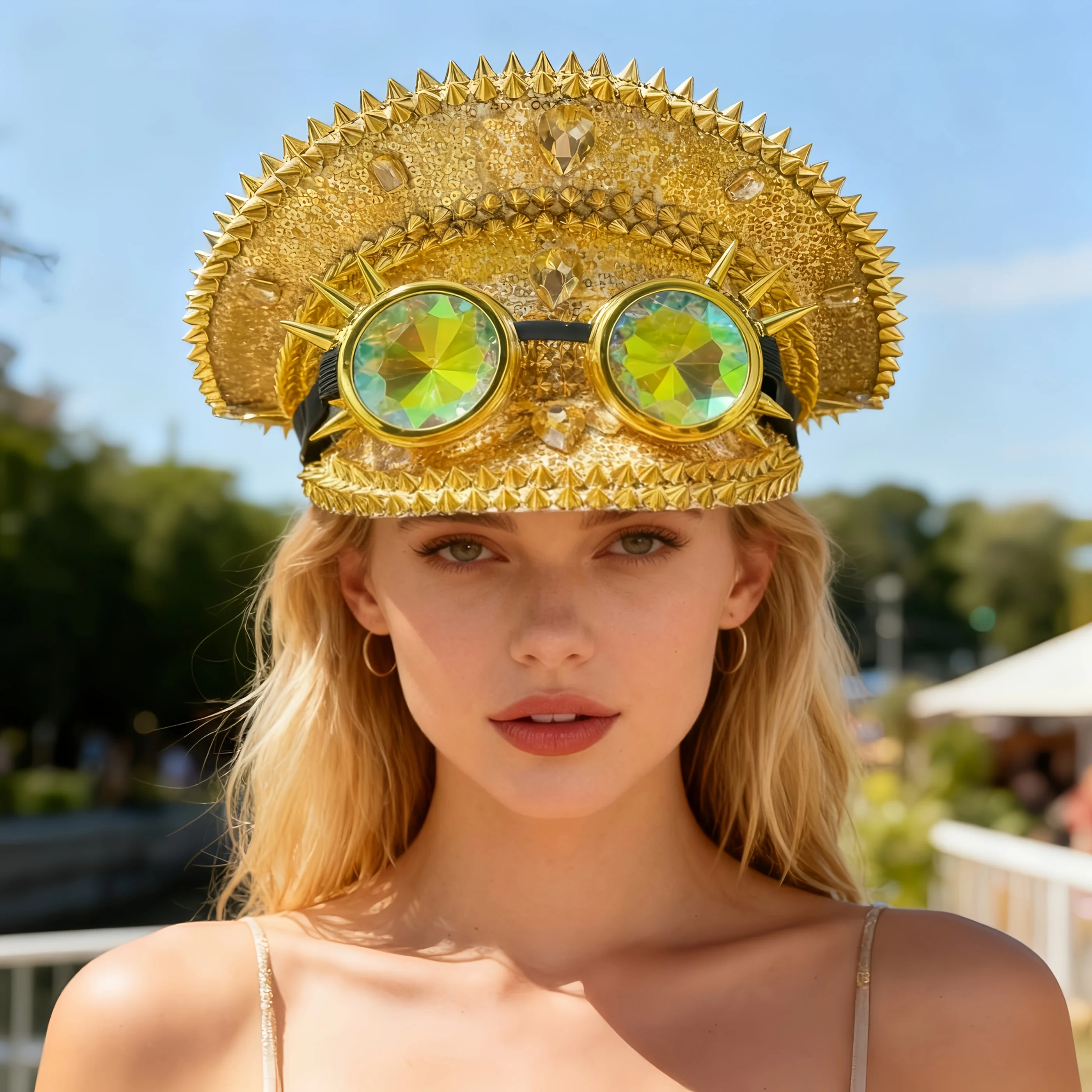 

Steampunk Captain Hat Rhinestone with Goggles for Burning Man Festival Woman, Military Accessories & Cap for Man