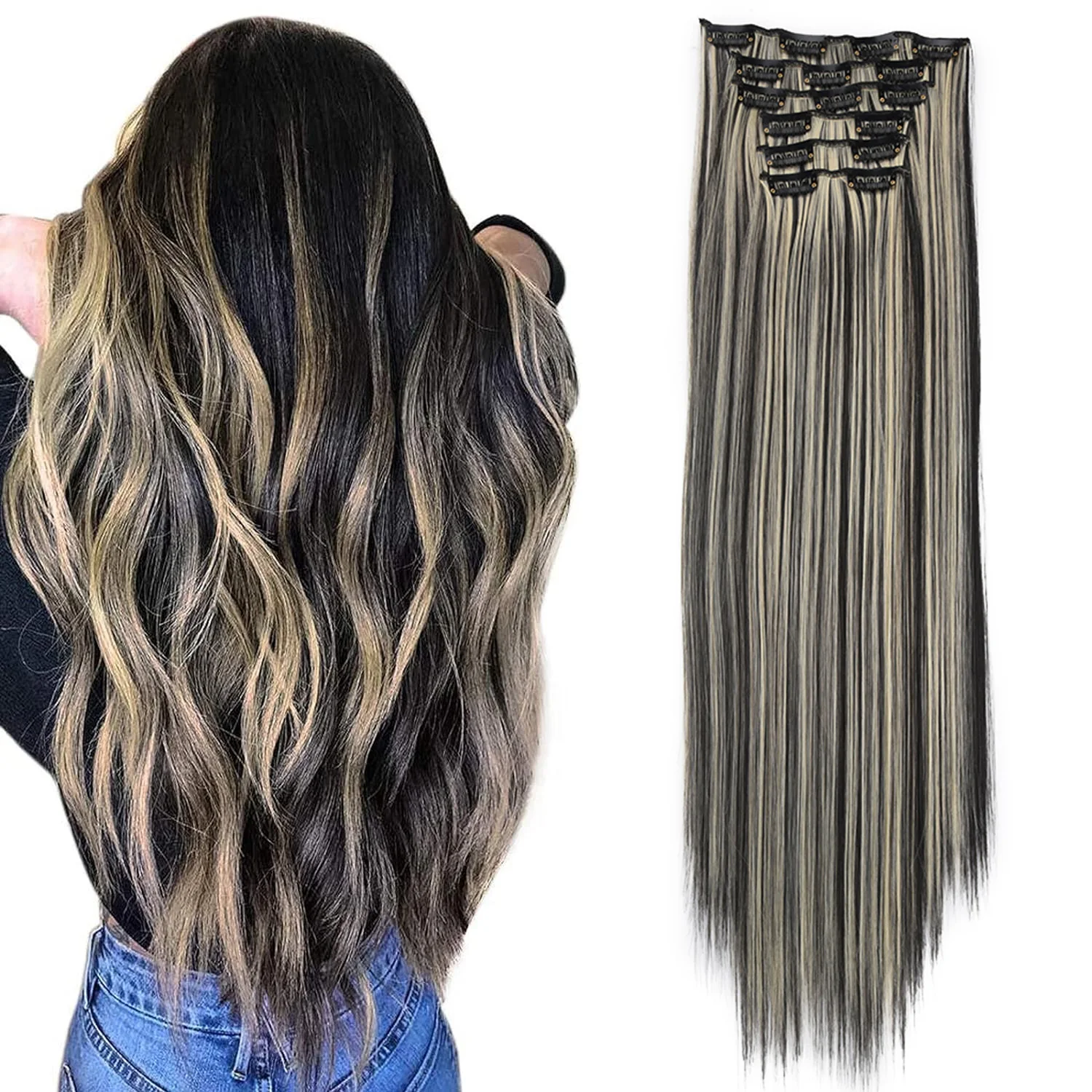 

Clip in Hair Extensions 6Pcs Synthetic Hair Extensions Clip Ins 24Inch Natural Straight Synthetic Hairpieces for Women Girls