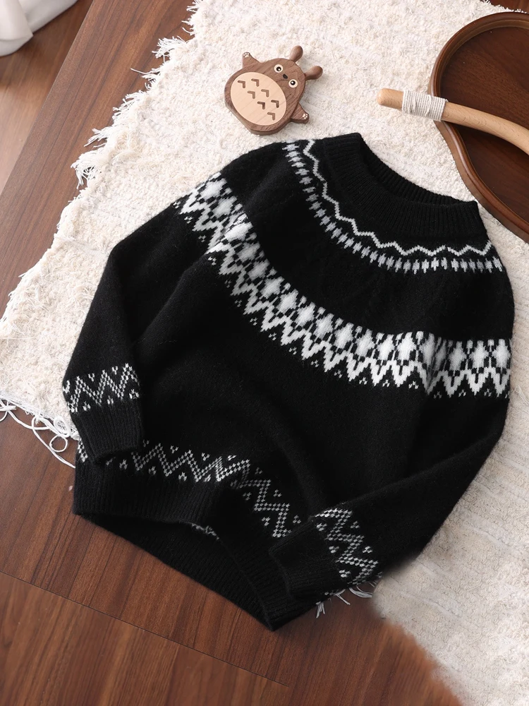 Children's 100% Cashmere Sweater Fair Isle Twist Flower Pullover Thicken Girl Boy Knitwear Autumn Winter Soft Kids Christmas Top