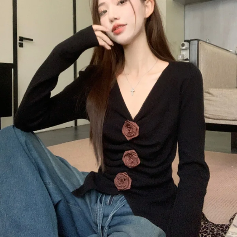 Pullovers for Women Knitted Korean Style V-neck Rose Autumn Winter Simple Chic Tops Casual High Street Niche Long Sleeve New