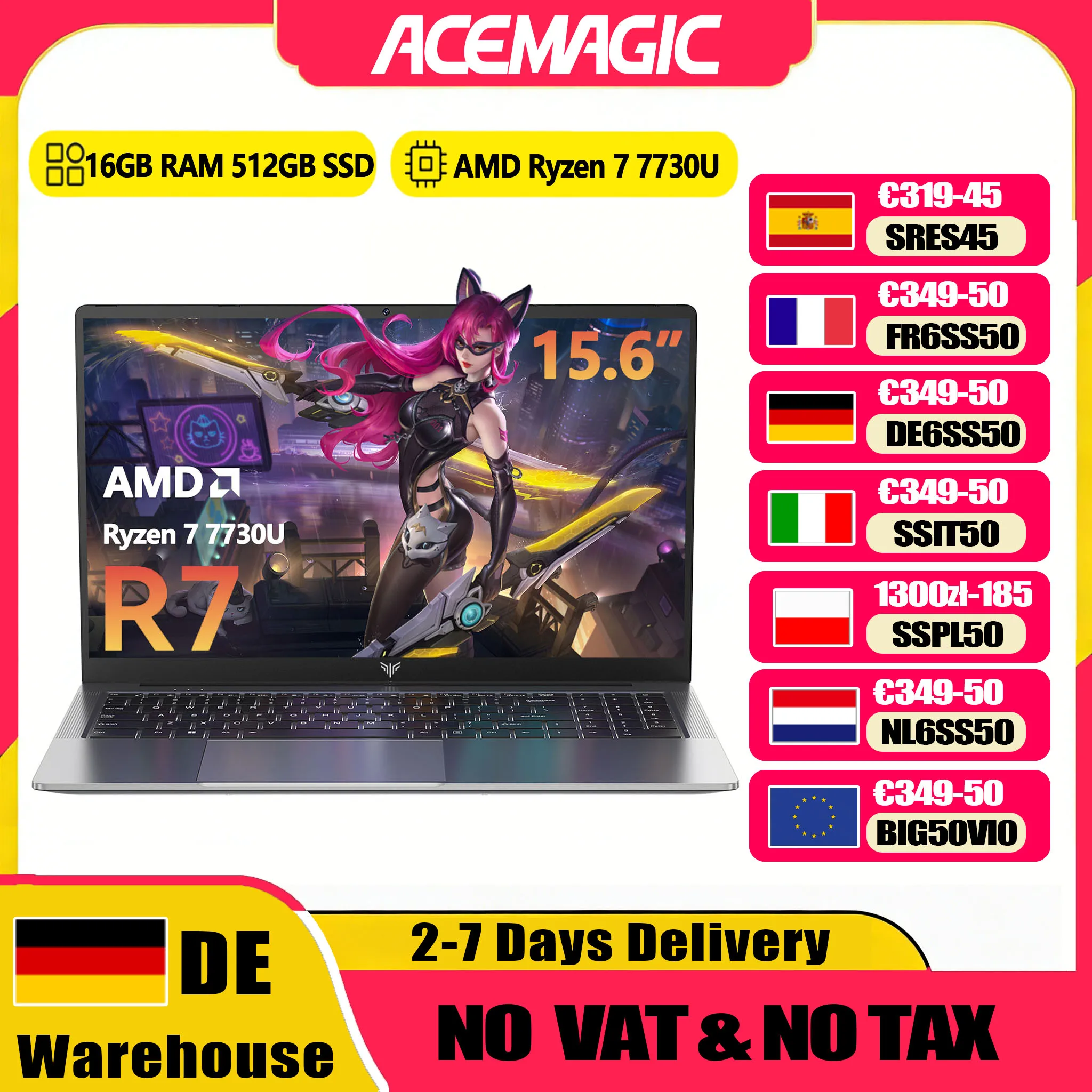 ACEMAGIC ordinateur portable AMD Ryzen 7 7730U Windows ordinateur portable 15,6 pouces IPS 16GB DDR4 512GB NVMe SSD clavier numérique