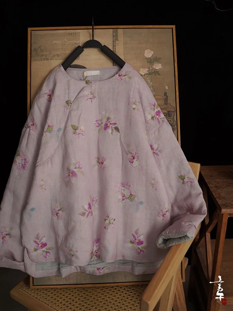 

Elegant round Neck Chinese Style Linen Print Cotton Jacket Women's Winter Fashionable Vintage Collar Buttoned Coat