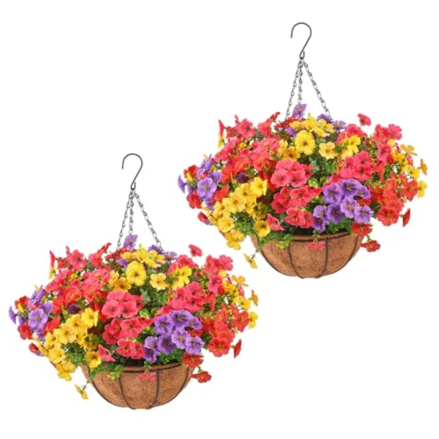 

Artificial Flowers Outdoors with Hanging Baskets, Realistic UV Resistant Fake Hanging Plants, Set of 2 Hanging Planters with 24