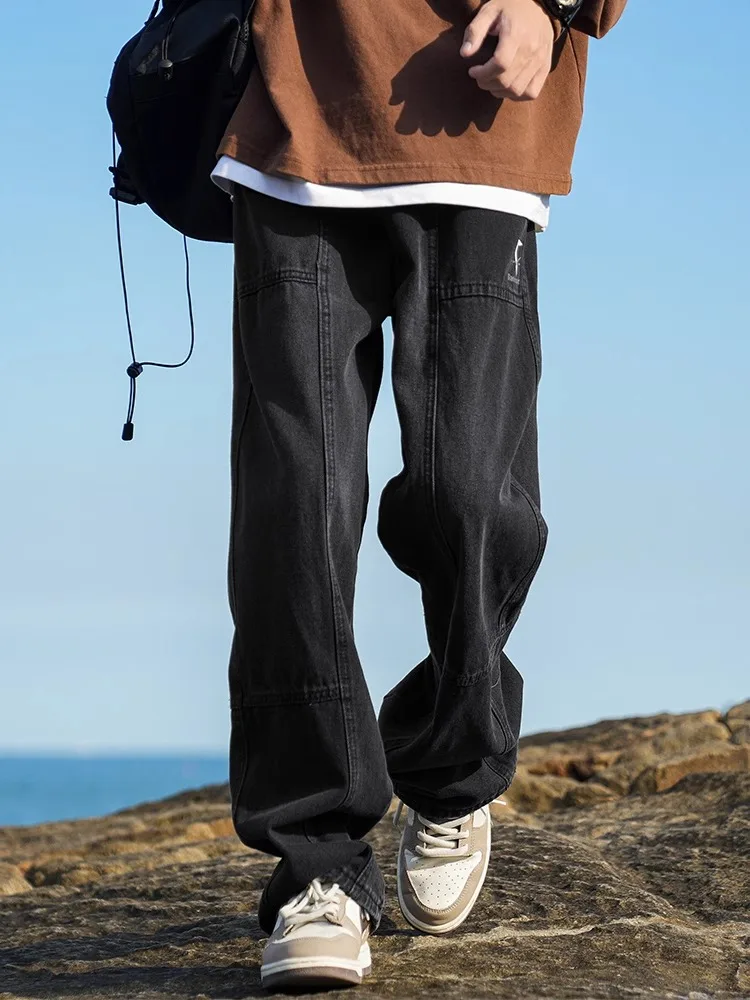 

Американские джинсы-карго с вставками, тонкие, черные, для мужчин, летние, свободные, прямые, широкие, повседневные брюки, молодежные модные джинсы
