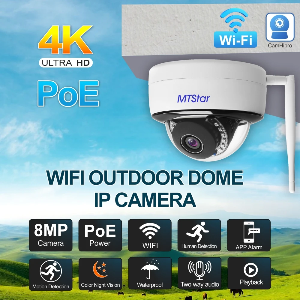8MP HD Wireless POE Dome Camera, Human Detection & Alarm, P2P Remote Access, IP66 Outdoor Waterproof Surveillance Camera