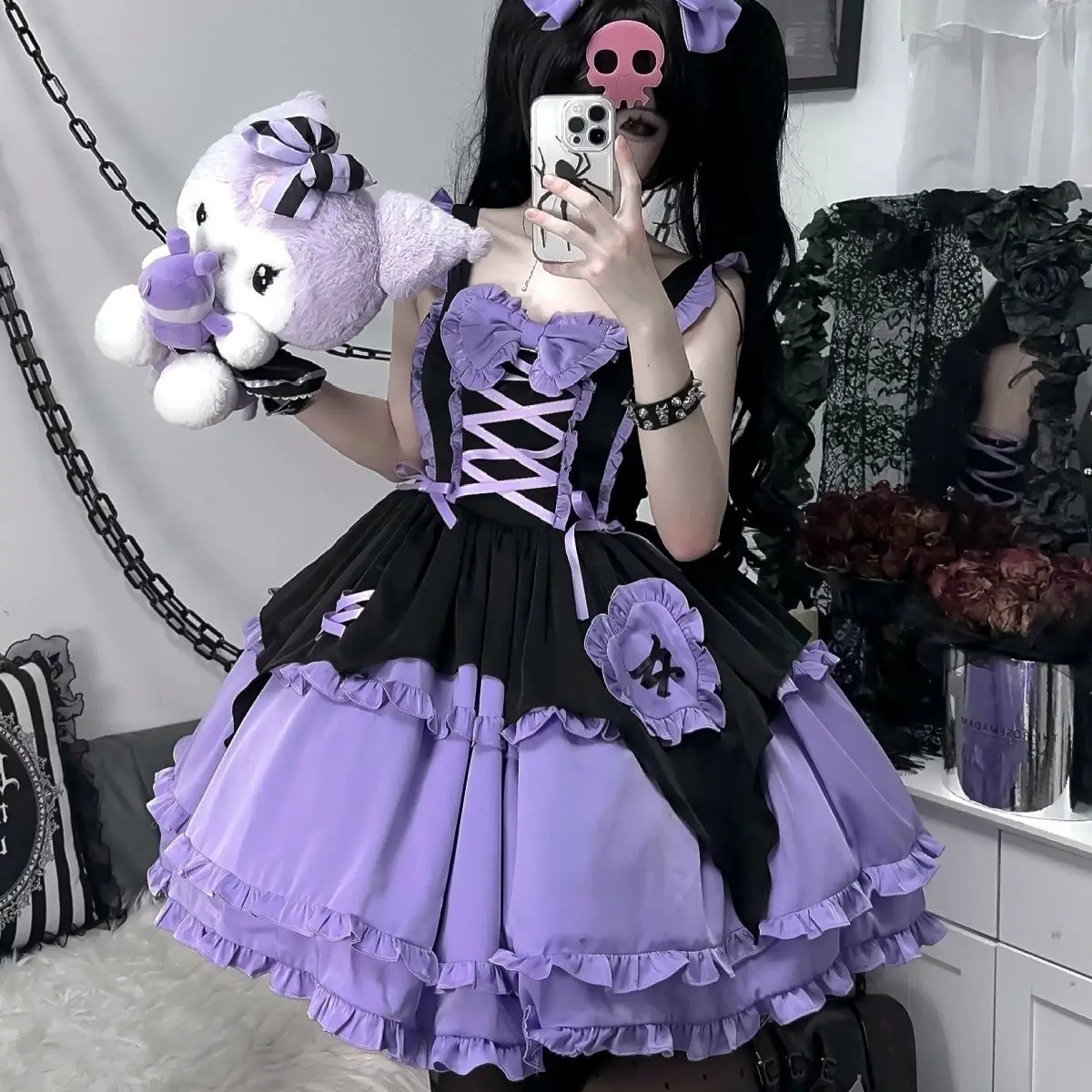 Halloween Victorian Lolita Jsk Dress Girl Witch Cosplay Purple Bowknot Strap Dress Gothic Women Fashion Kawaii Dresses