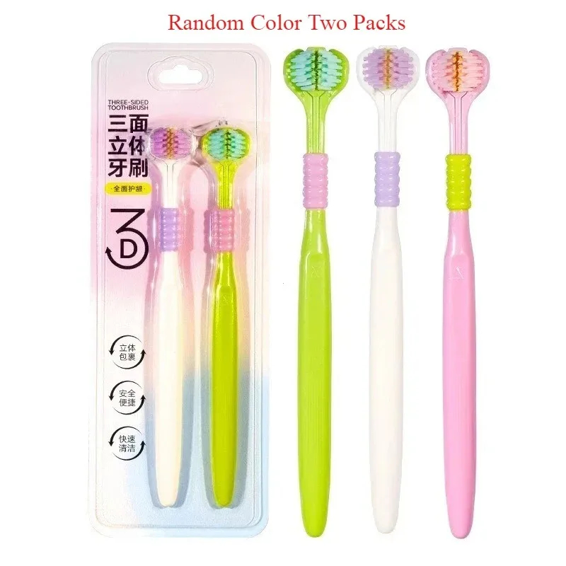 Soft - Handles Wholesale sided Wrapping Tongue Cleaning Ergonomic 2pcs/set PBT Bristles Rounded Tips Triple Adult Toothbrushes