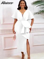 Mlaiscsr Elegant V Neck Beading Ruffles Slit Wedding Guest White Dress Women Luxury Formal Birthday Party Evening Celebrate Gown