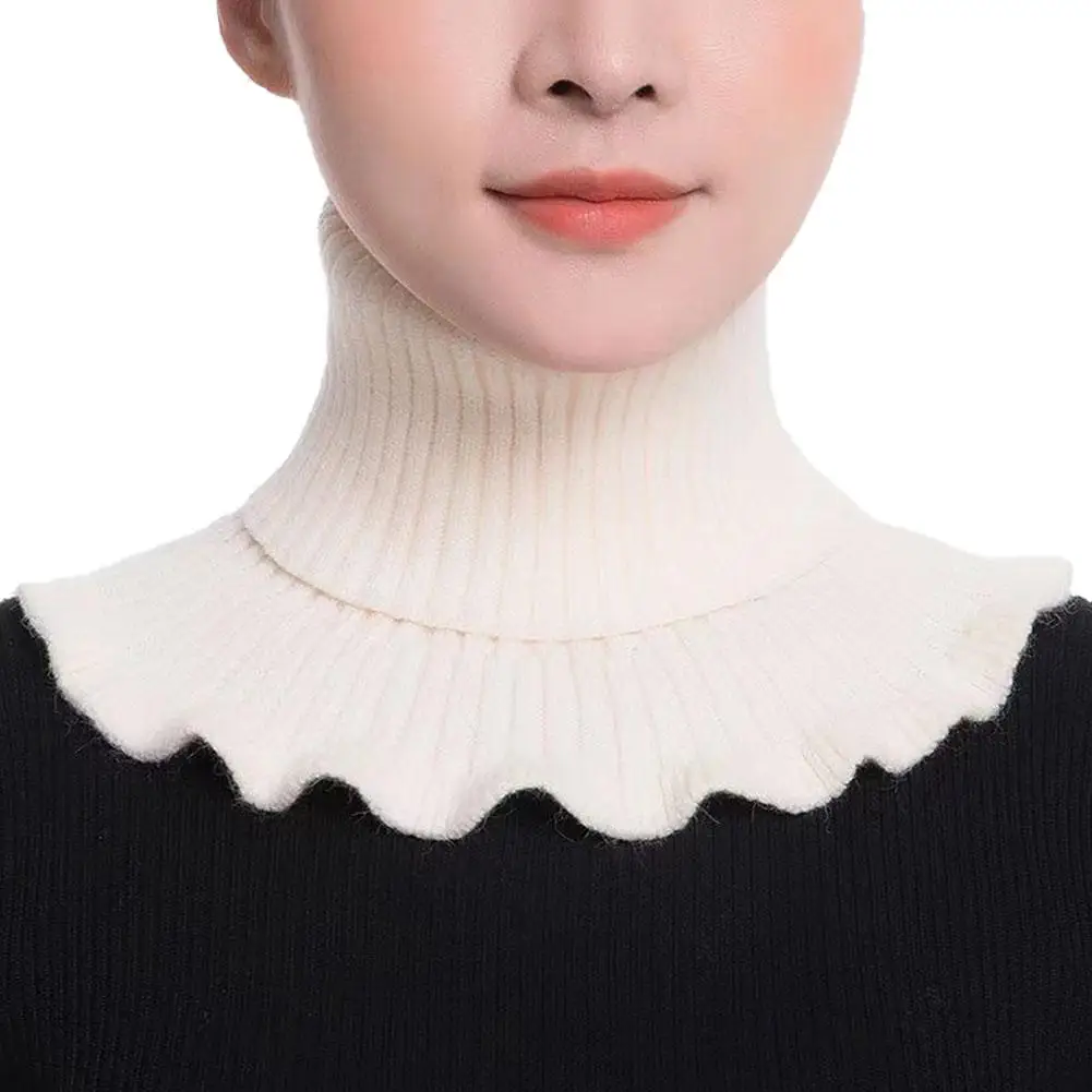 Cuello falso de lana tejido, bufanda de cuello falso: suave, grueso y cálido, con diseño elegante de borde con volantes para mujer, invierno, resistente al viento