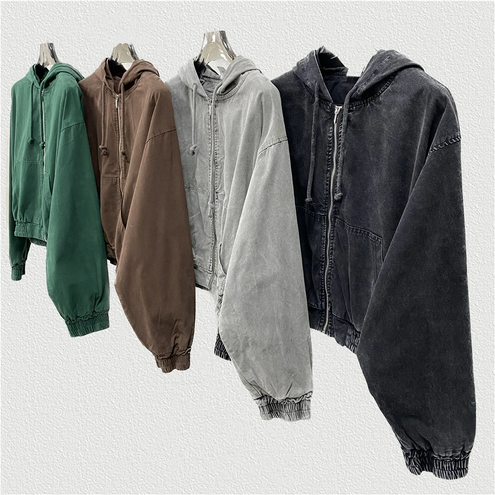 Retro 2023 Distressed Zipper Jacket Women Washed Heavy Cotton Hooded Coat Short-Length Styling