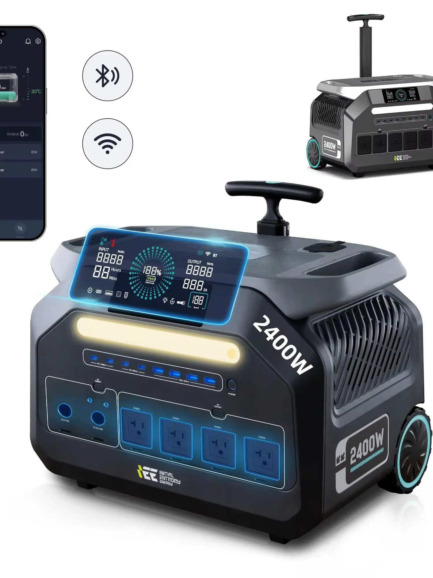 IEE P2400 Tragbare Powerstation 2400W 2048Wh LiFePO4 Solargenerator, 4800W Spitzenleistung, Max. 1400W Ultraschnelles AC-Laden, Max. 800W MPPT-Solareingang, Trolley-Design mit Rädern, Mehrere