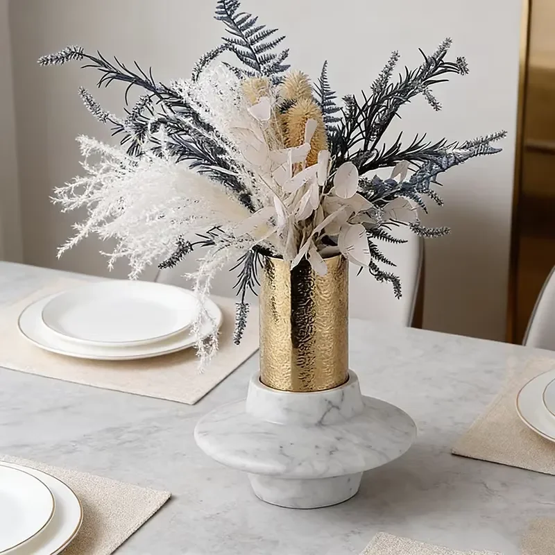 Modern Gold Stainless Steel Vase with Marble Base Elegant Desktop Decor for Living Room Office Hotel Lobby Eco Friendly Home