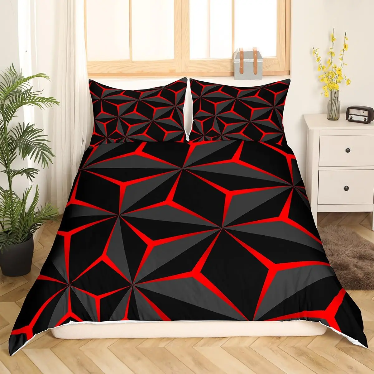 Neon Honeycomb Duvet Cover King Queen Geometric Stereoscopic Theme Teens Boys Bedding Set,Geometry Blue Print Comforter Cover