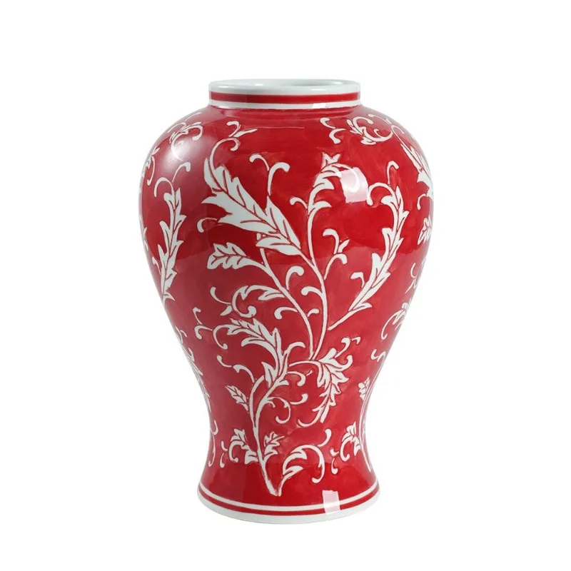 New Chinese Hand Painted Underglaze Ceramic Vase, Retro Red Blue Floral Container for Living Room & Tea Room