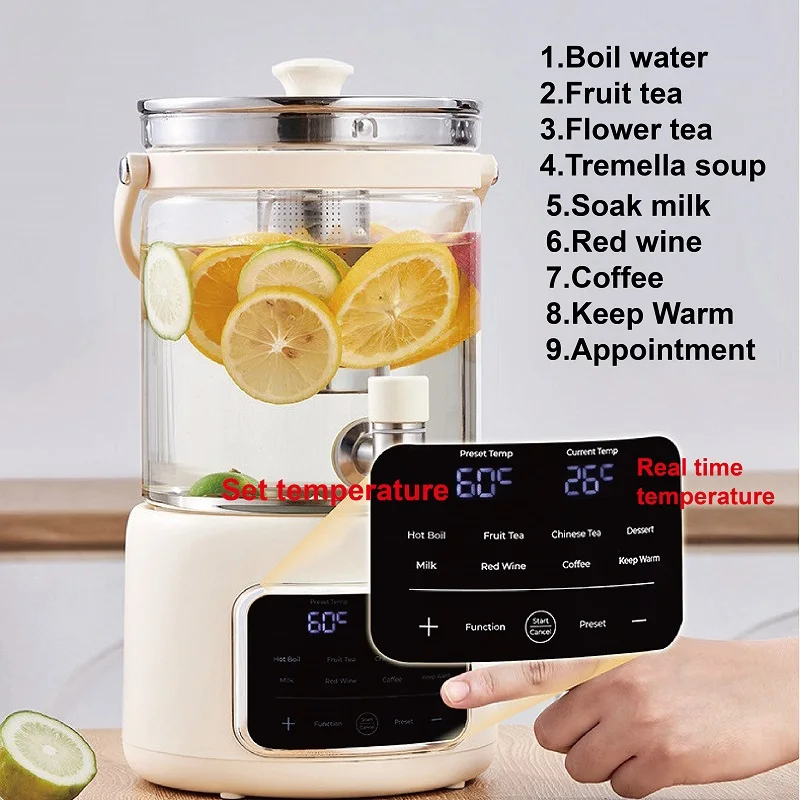 110V/220V Electric Kettle Smart Tea Brewer Commercial Faucet Fruit Tea Bucket Appointment Glass Health Kettle Multi-function 3L