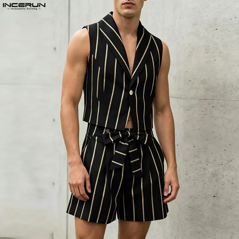 INCERUN Herren Gestreifte Sets Revers Ärmellose Westen & Shorts Zweiteilige Sets Streetwear 2026 Sommer Mode Lässige Herren Passende Sets