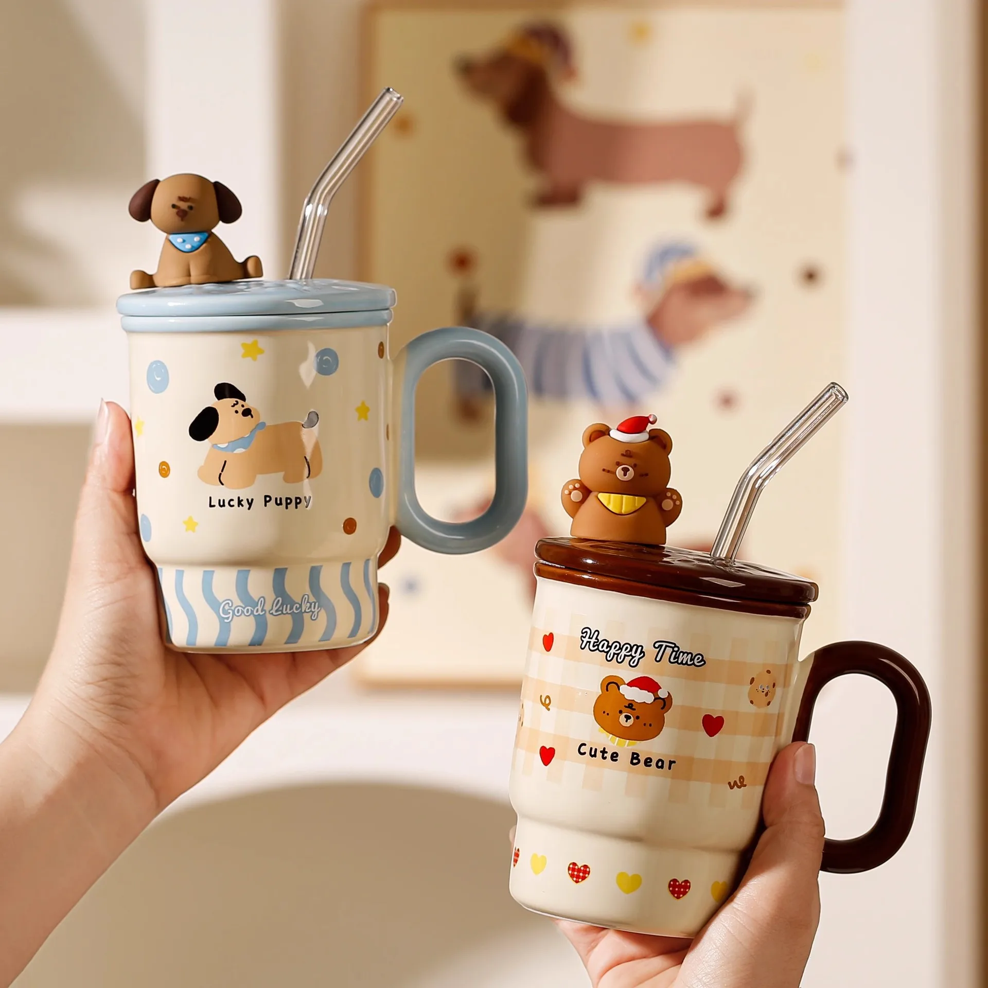 

Home & Garden Mugs Ceramic straw cup with lid mug high-looking home office drinking water coffee cup giving girls birthday gift