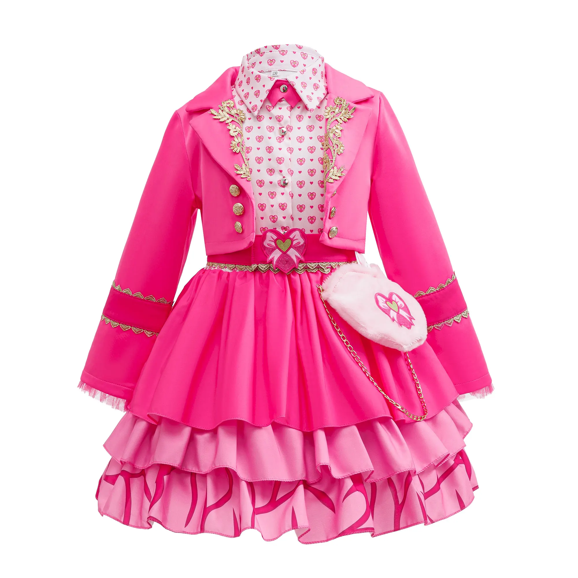 Kid Pink Princess 3PCs Costume Long Sleeve Coat+Ruffle Dress+Heart Bag Girls Descendant Halloween Apparel Red Queen Cosplay Suit