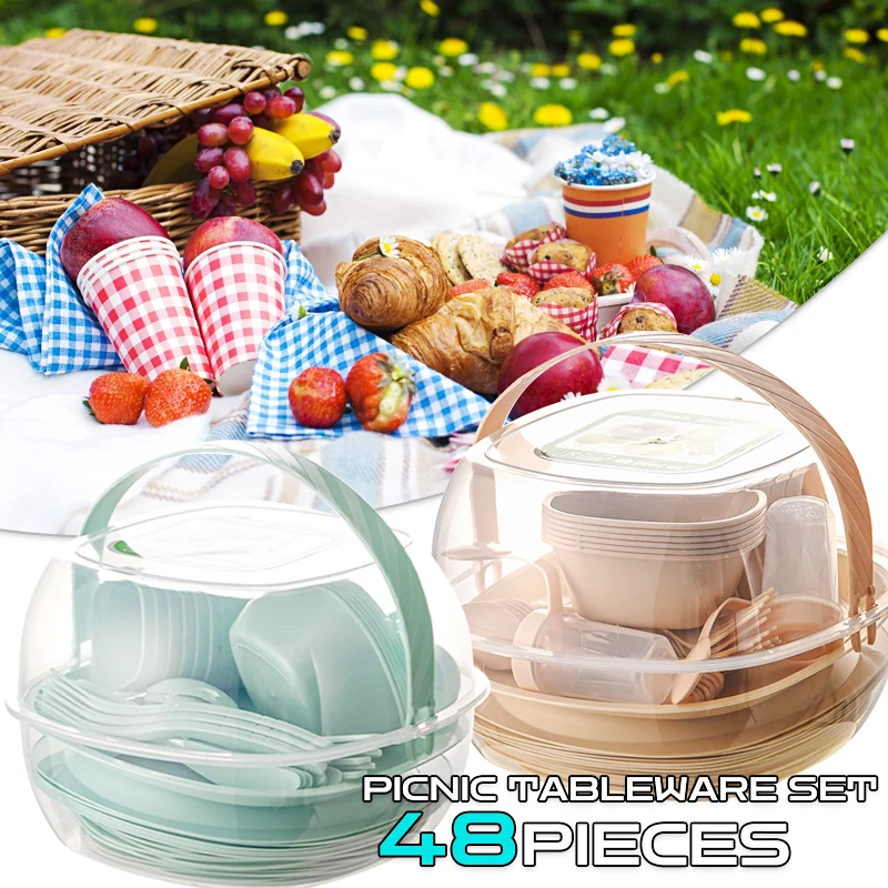 

48Pcs Plastic Dinnerware Sets Bowls Spice Jars Reusable Outdoor Tableware Set CutleryTravel Picnic Cutlery Set for Camping Home