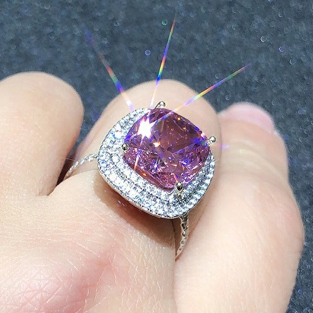 Luxury Temperament Shining Micro Inlay Zircon Square Pink High Quality 5A Zircon Rings for Women Bride Wedding Designer Jewelry