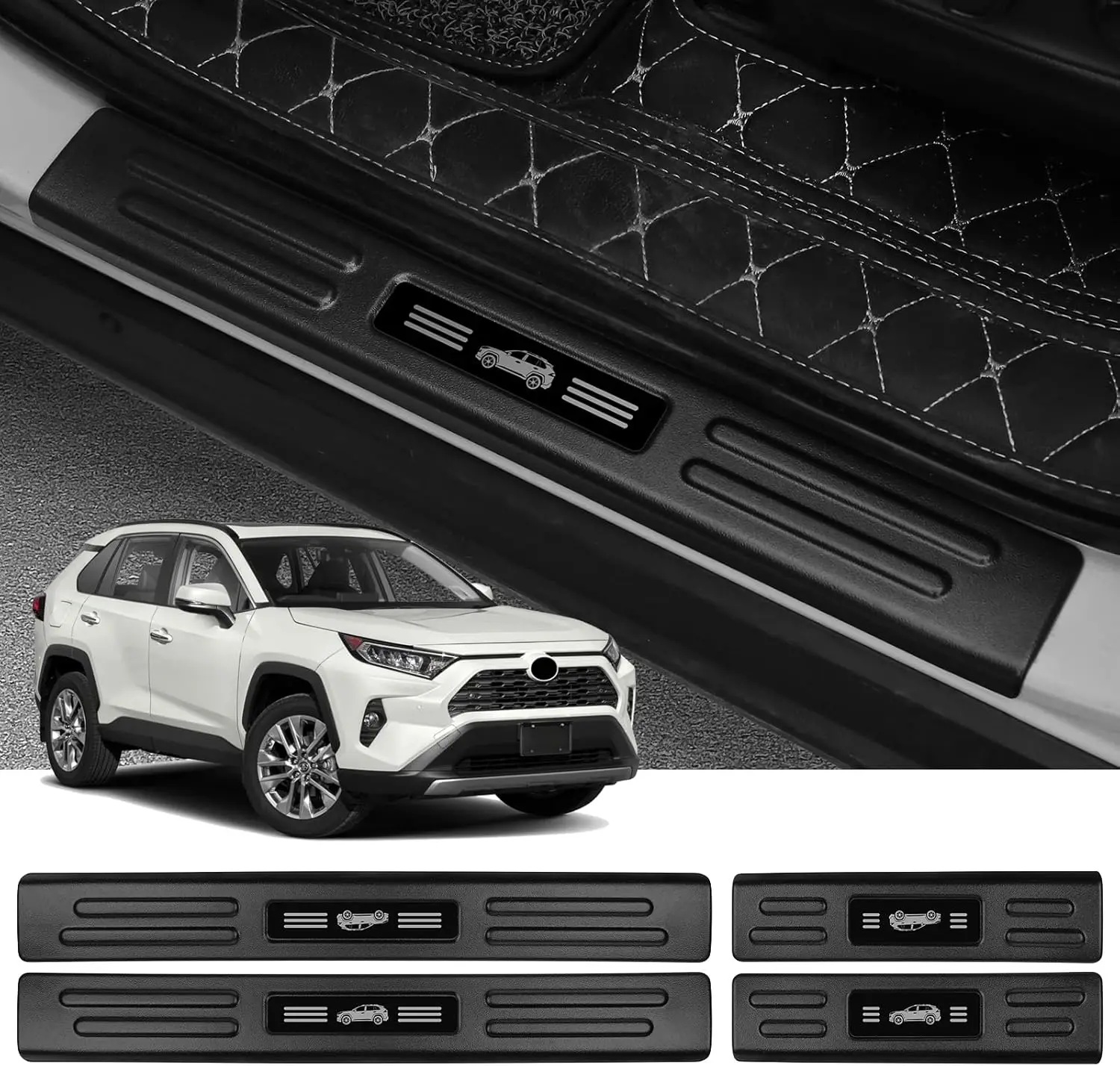 

Комплект из 4 накладок на пороги для Toyota RAV4 2025-2019 (гибридные и стандартные модели), матовый черный ABS, защита передних и задних педалей от истирания