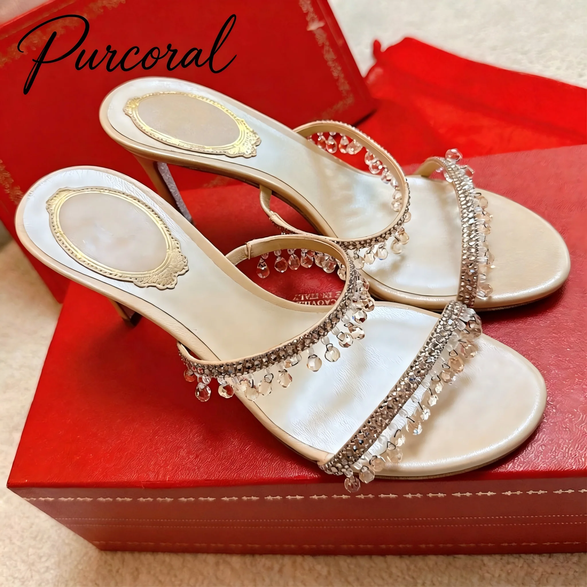 

2026 New Women Crystal Tassel High Heel Mules Sandals Luxury Rhinestone Stiletto Slides Champagne Satin Open Toe Party Shoes