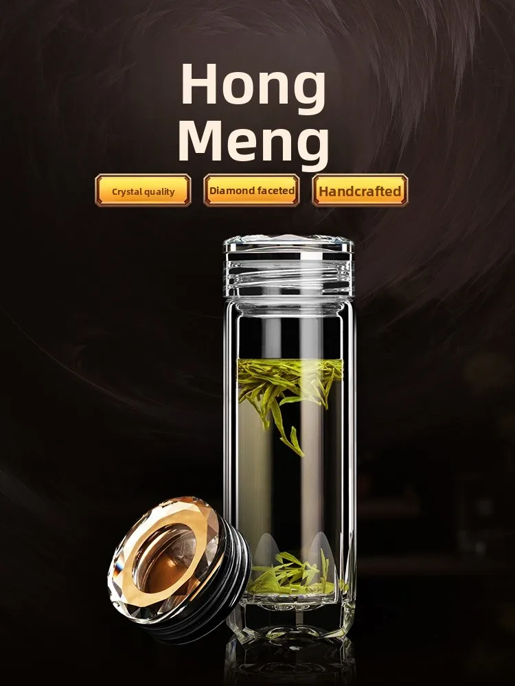 

High-End Double-Layer Thiened Glass Tea Cup for Men Diamond Cut Surface Silver Coin Design Car- Mounted Luxury Cup