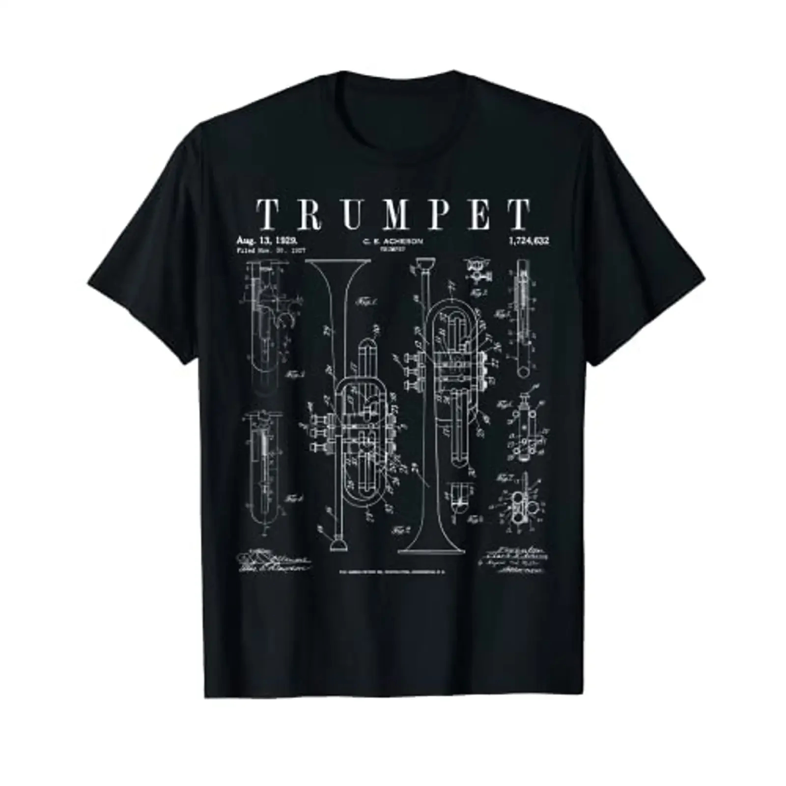 Trompeta Vintage Patente Trumpetista Dibujo Impresión Camiseta vintage Washed graphic Stylish Breathable Slightly Versatile