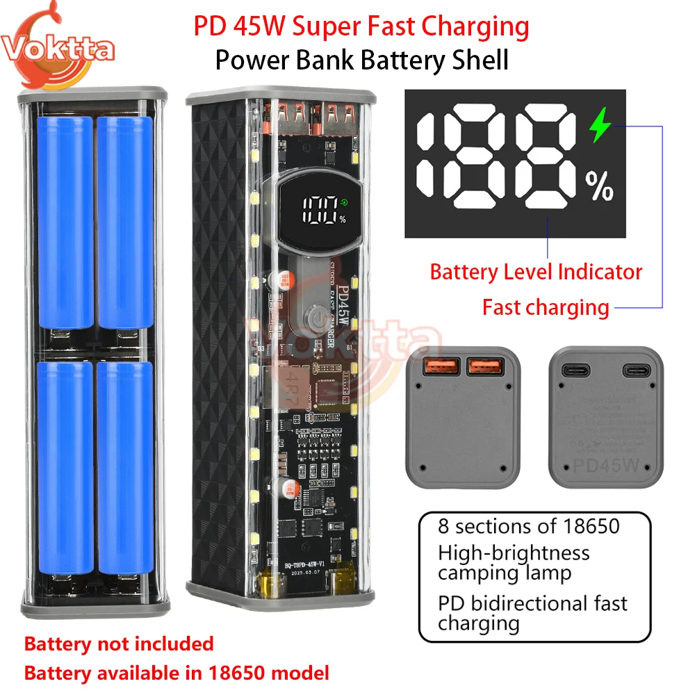 

PD 45W Super Fast Charging Transparent Power Bank Battery Shell Welding Free 8 sections 18650 Battery Box With Outdoor Light