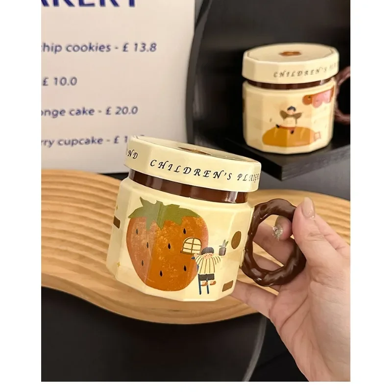 Maillard Cartoon Ceramic Mug with Lid Cute Couple Retro Men Women Mug Cup Home Breakfast Milk Cup Office Coffee Cups Gifts