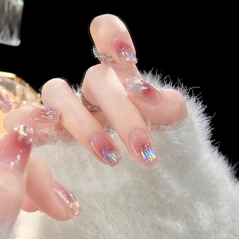 24 Stuks/1 Doos Zachte Witte Diamant Blush Glitter Ijs Penetratie Nep Nagels