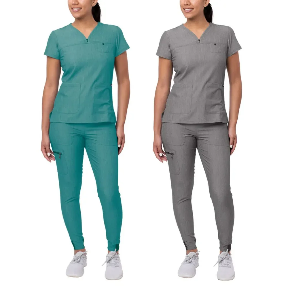 Mulheres de enfermagem médica esfrega conjunto uniforme, tops e calças com decote em v, pet grooming suit, uniforme hospitalar, alta qualidade, atacado