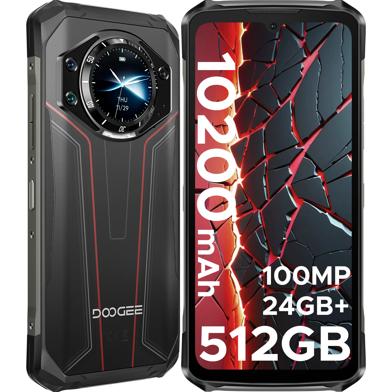 DOOGEE S119 Rugged Phone 1.32" Rear Display 6.72" 32GB(8+24) 512GB 100MP Main Camera 10200mAh Large Battery NFC Cellphone