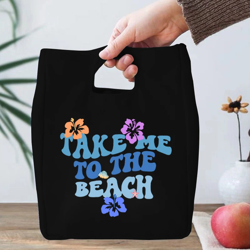 Take Me To The Beach Lunch Tote Box for Women Hibiscus Flower Holiday Souvenirs Insulation Bags Ocean Beach Lovers Lunch Boxes