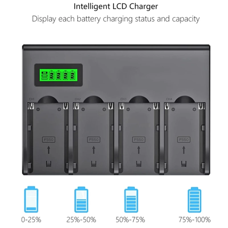 4-Channel Battery Charger With LCD Display For Sony NP-F970, NP-F960, NP-F770, NP-F750, NP-F570 Camera Battery