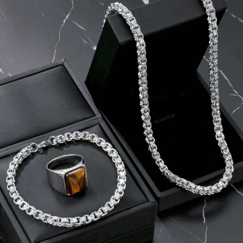 Men Hip Hop Jewelry Set Iced Out Box Chain Necklace Tiger Eye Square Ring Silver Color Male Party Statement Accessories