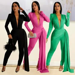 Elegant Ribbon Bodycon Jumpsuits Sexy Long Sleeve Lace Up Romper Club Party Summer Women Clothes Overalls Luxury One Piece 2023