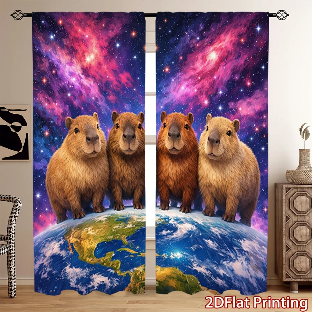 Galaxy Earth Capybara Curtain 2 Panels,Four Cute Capybara Standing On Planet Color Nebula Starry Print,Drapes Bedroom Curtain