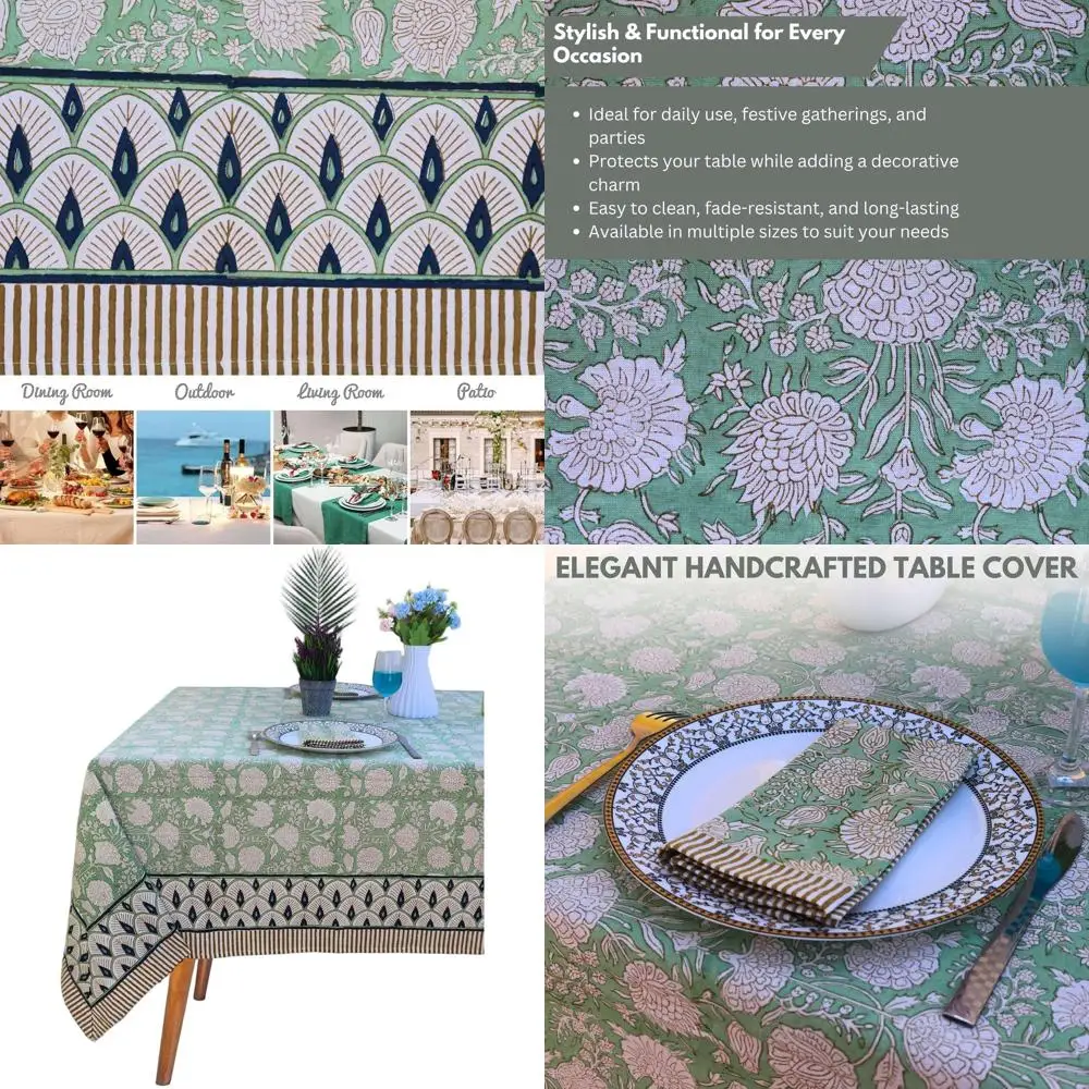 

60x60 Cotton Square Tablecloth, Seats 6-8, Indian Floral Print, Boho Style, Washable for Kitchen & Outdoor Use (Green)
