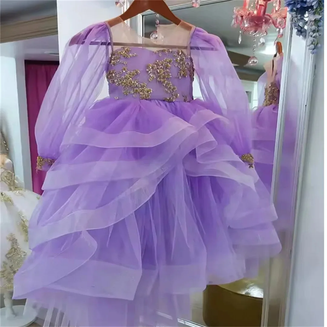 فستان فتاة الزهور الخزامى المخصص لحفلات الزفاف مزين بالدانتيل مع فيونكة الأميرة أول مناولة لحفلات أعياد الميلاد #3