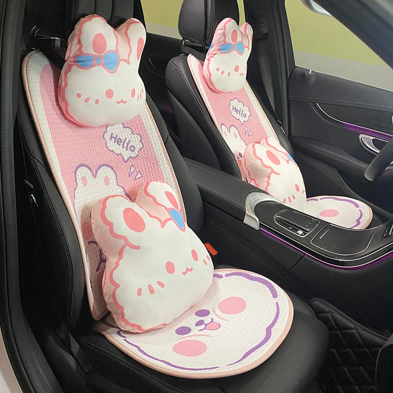 Pink and White Cartoon Bear Car Seat Cushion Ice Silk Car Comfortable Breathable Car Cushion Four Seasons General Models