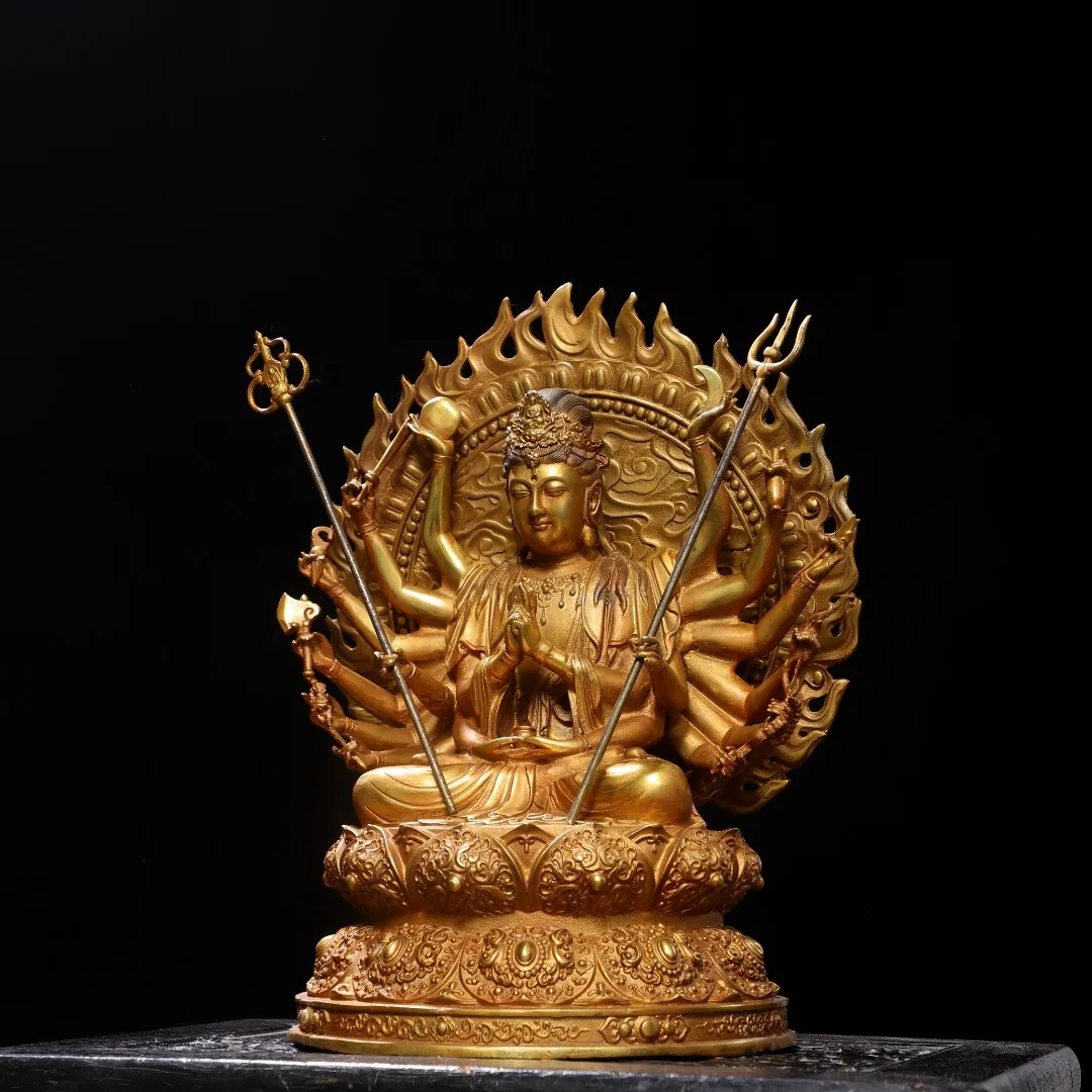 Old Bronze Gilded Cinnabar 1000 arm Guanyin Cundhi bodhisattva Sitting Buddha Study screen Backlight Worship Hall