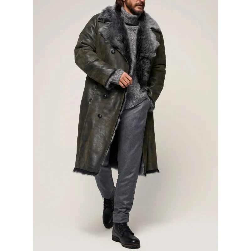 

Autumn Winter Shearling Double-Breasted Large Lapel Men's Long Coat Jacket