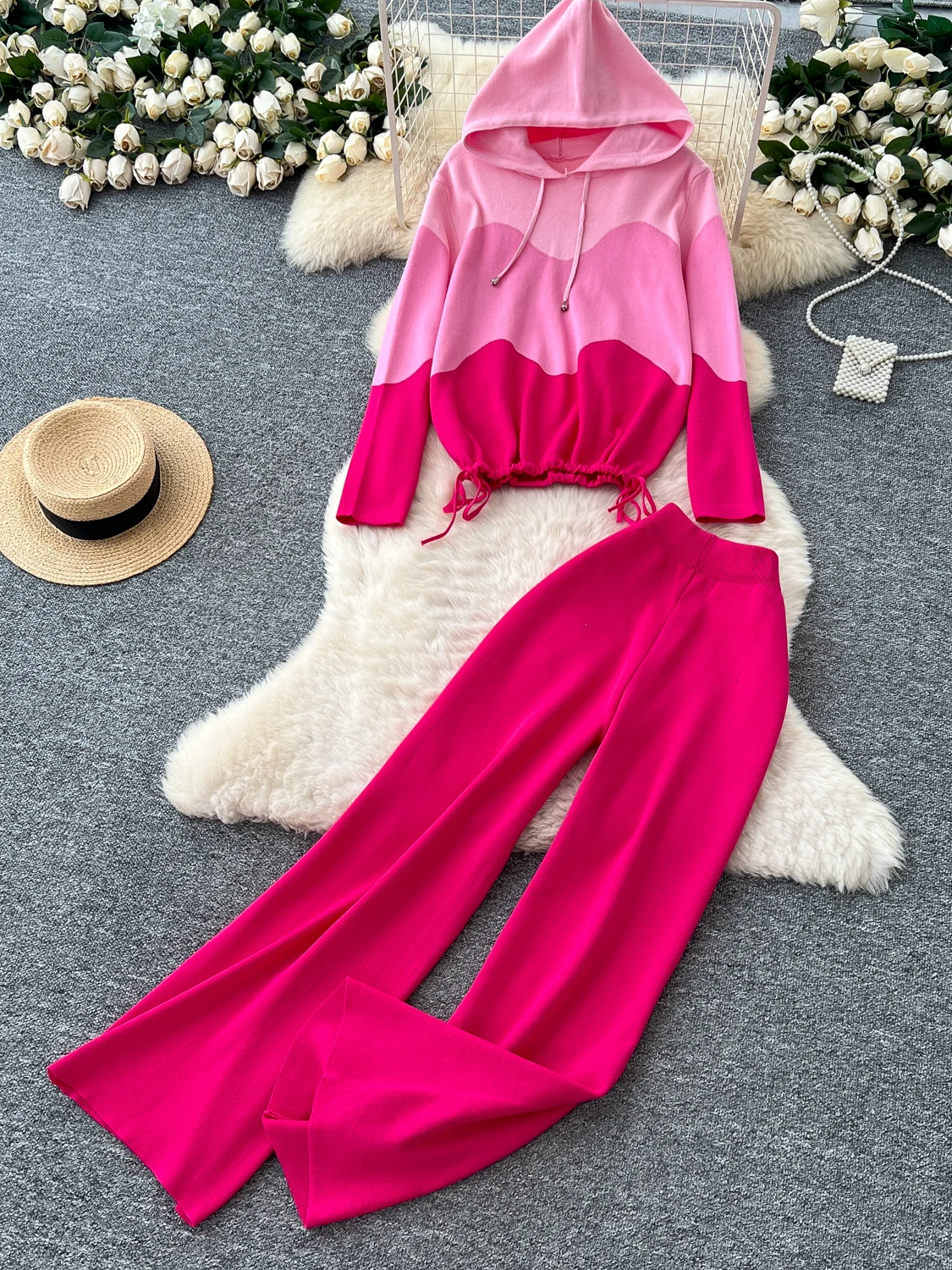 

Ladies' Lazy Sle Knitted Hat Long Sve Sweater Set High Waist Wide Leg Pants Autumn Winter Loose Color Blo Two Piece Suit