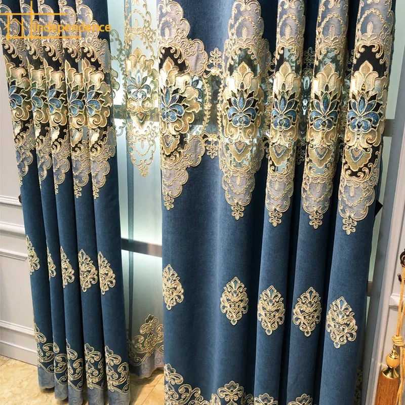 Customized High-end Blue Embroidered Window Screen Hollow Chenille Curtains for Living Room Bedroom Floor-to-ceiling Windows