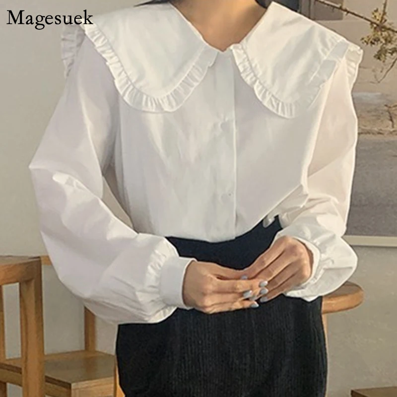 Korean Chic Ruffles Single-Breasted White Blosue Women Spring Vintage Cotton Shirt Female Long Sleeve Oversized Tops Blusa 14836