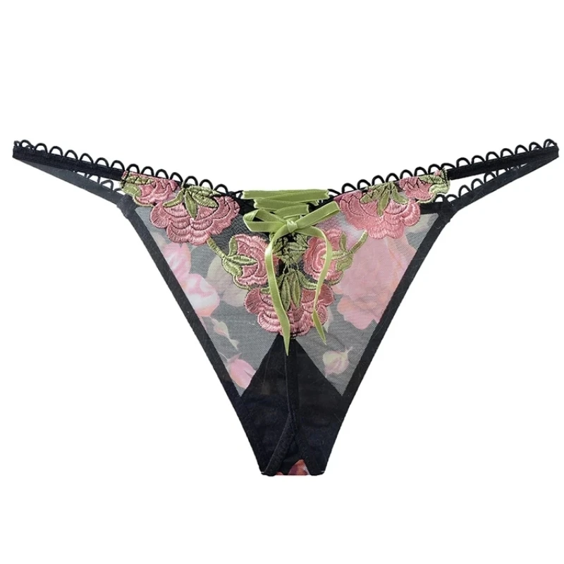 Sexy Floral Embroidered T-Back Panties for Women, Sheer Mesh Thong with Rose Lace Trim, Low Waist Lingerie Underwear